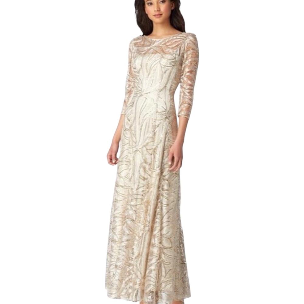 Tahari Arthur S. Levine Sequin Embroidered A-Line Champagne Gold Gown US 10 NWT